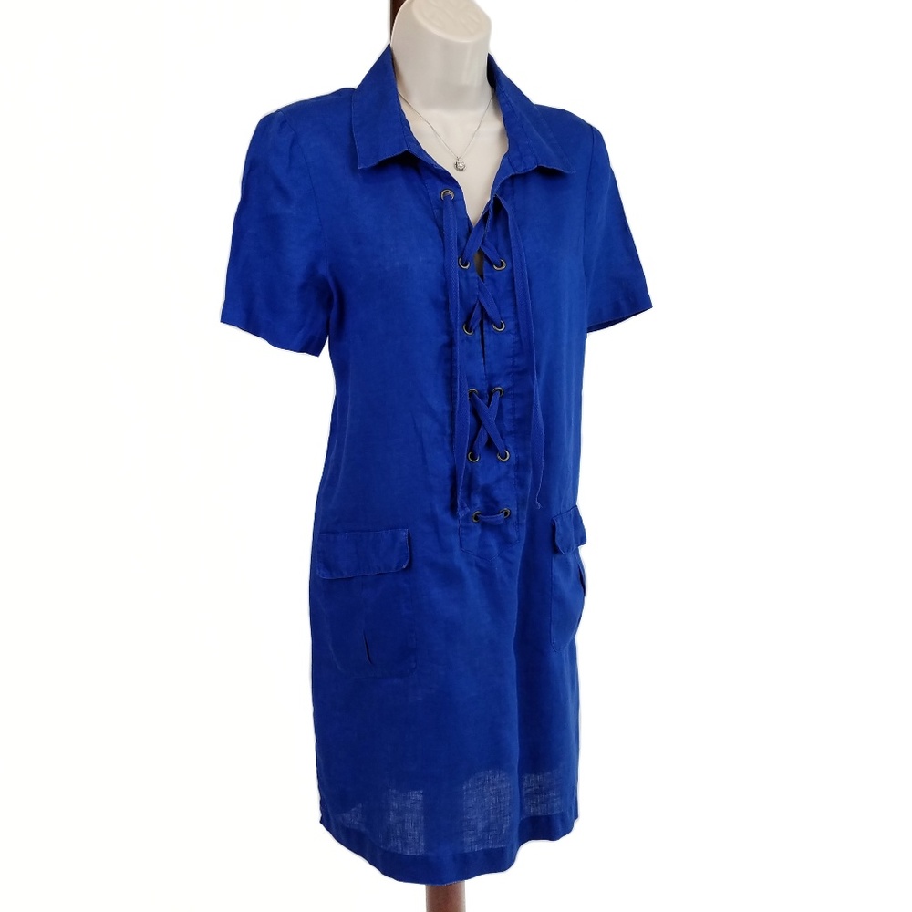 Anthropologie dress linen lace-up cobalt blue 8